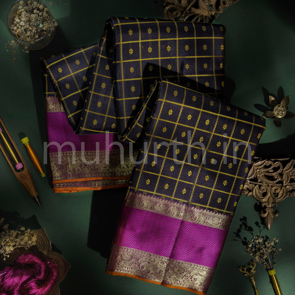 Pakku Pure Zari Kanjivaram Silk Saree with Magenta