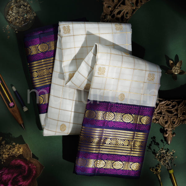 Off- White Pure Kanjivaram Silk Saree with Meenakshi