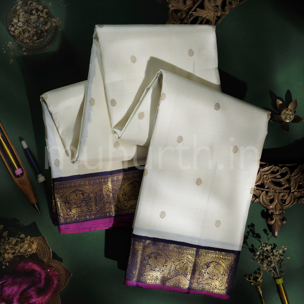Off White Pure Zari Kanjivaram Silk Saree with Vijaya
