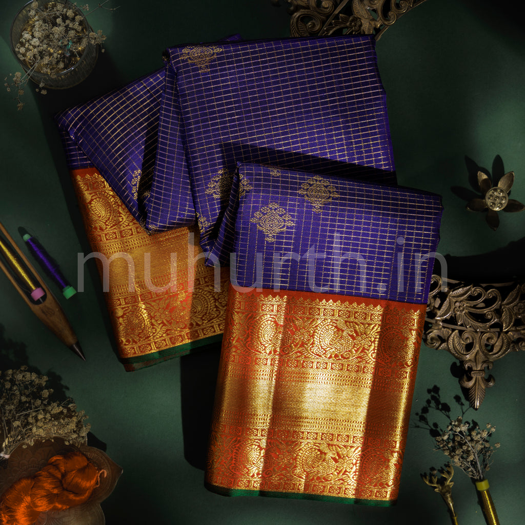 Violet Pure Kanjivaram Silk Saree with Bright Red