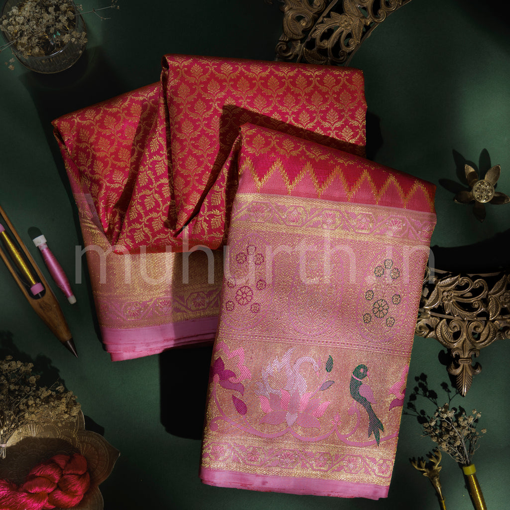 Rose Red Meenakari Pure Kanjivaram Silk Saree