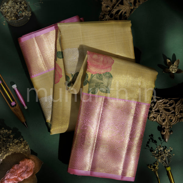 Golden Pure Tissue Organza Kanjivaram Silk Saree with with Pink