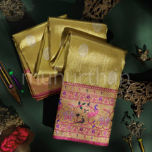 Load image into Gallery viewer, Golden Mustard Organza Tissue Pure Kanjivaram Silk Saree with Pink