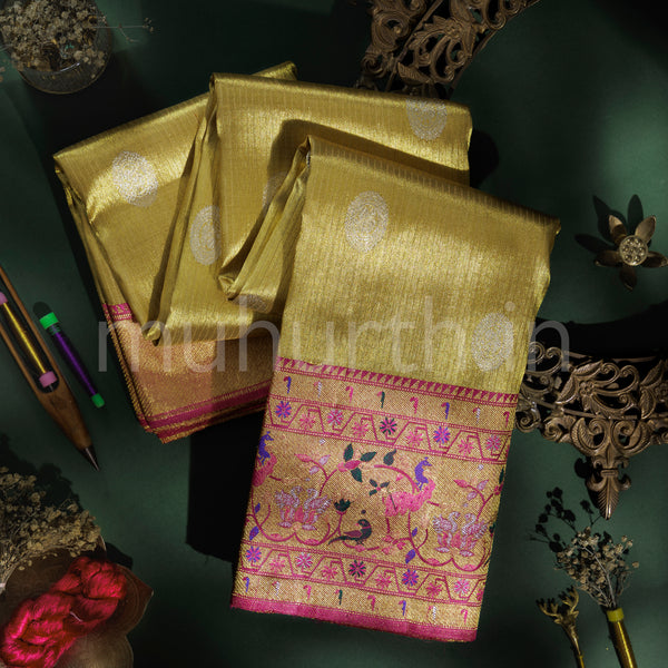 Golden Mustard Organza Tissue Pure Kanjivaram Silk Saree with Pink