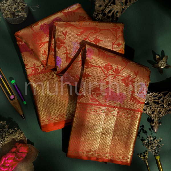 Bridal Red Luxury Meenakari Tissue Pure Kanjivaram Silk Saree