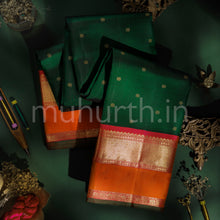 Load image into Gallery viewer, Green Pure Zari Kanjivaram Silk Saree with Orange and Rose