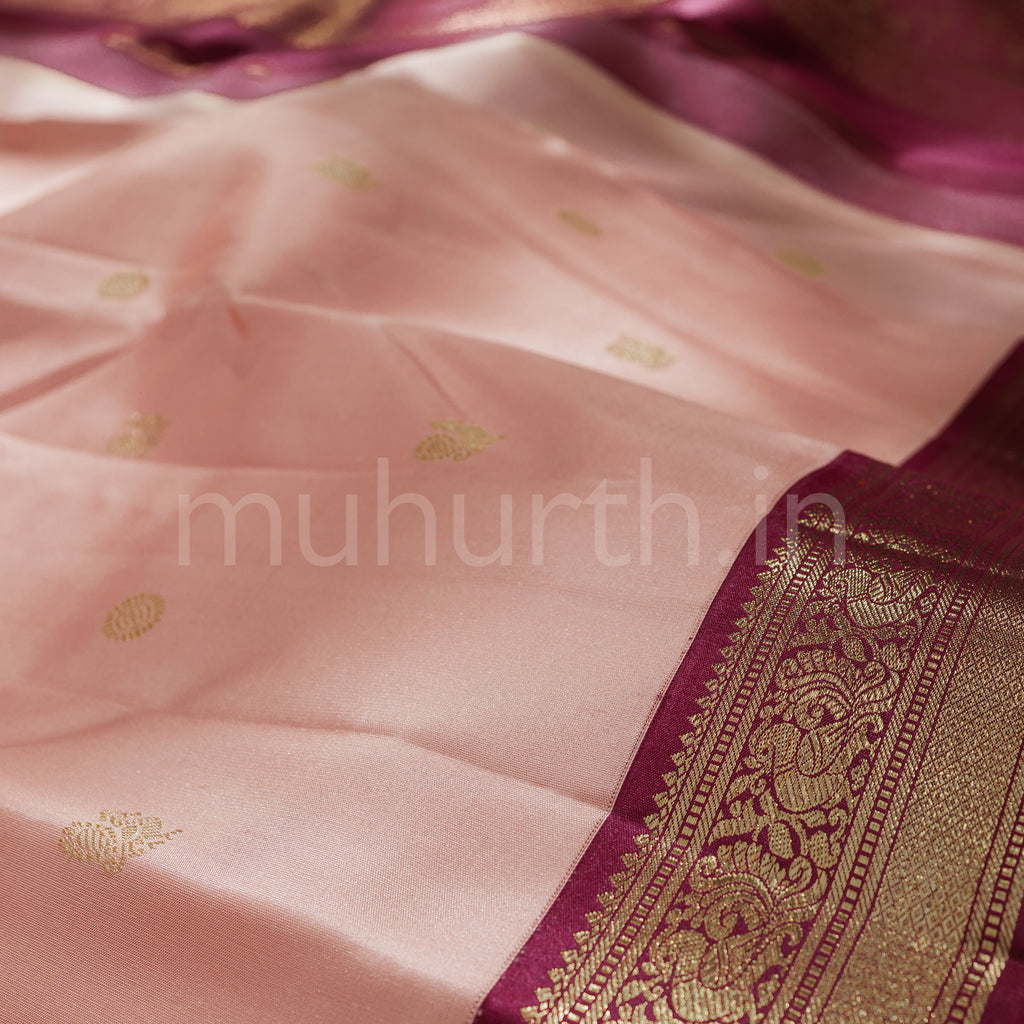 Peach Pure Zari Kanjivaram Silk Saree with Magenta