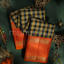Load image into Gallery viewer, Mustard and Black Checks Pure Zari Kanjivaram Silk Saree with Orange
