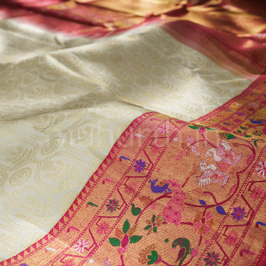 Off- White Pure Kanjivaram Silk Saree with Red Rose