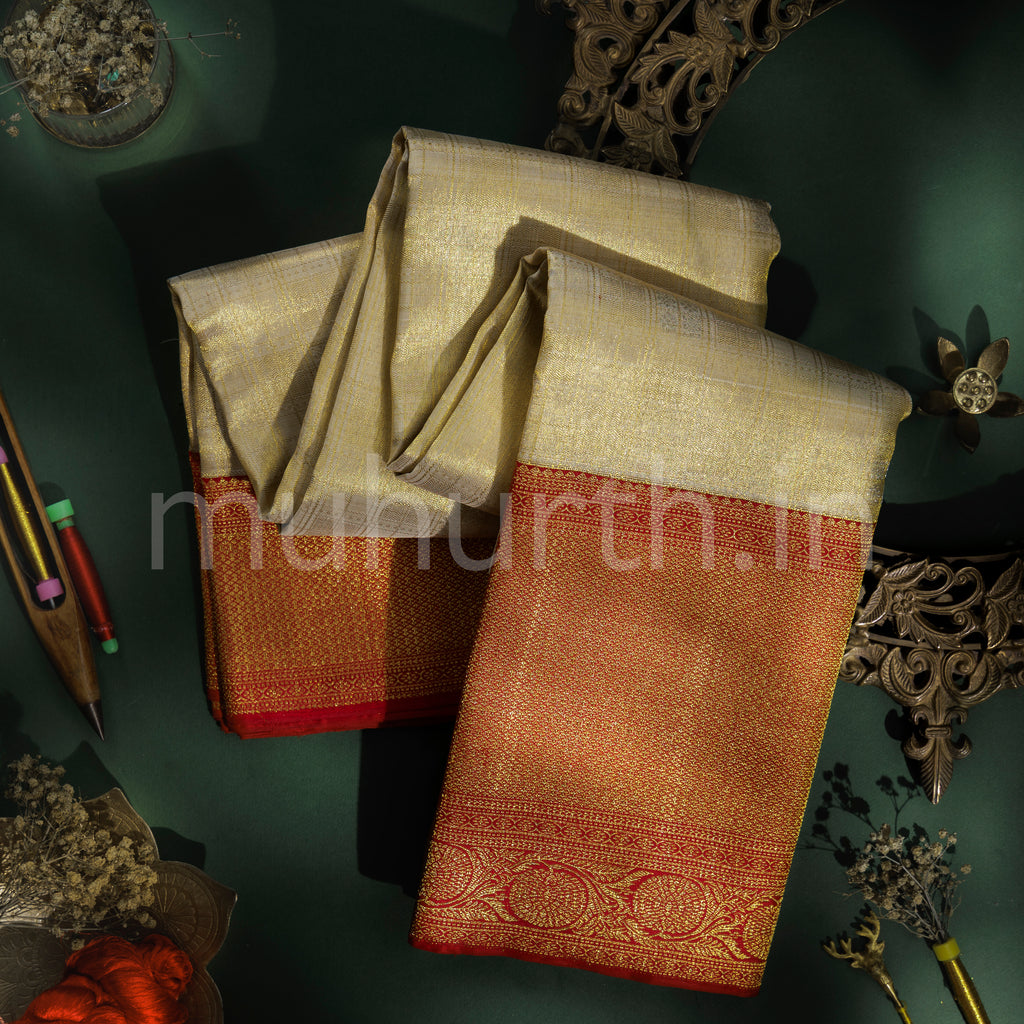 Off-White Organza Tissue Pure Kanjivaram Silk Saree with Red