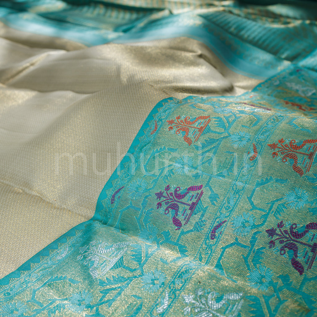 Off- White Organza Kanjivaram Silk Saree with Light Ananda