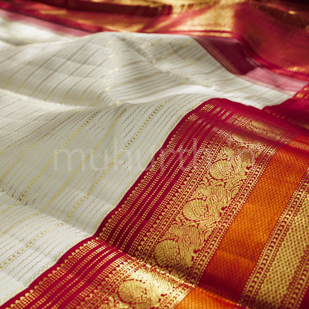 Off- White Veldhari Pure Kanjivaram Silk Saree with Bright Red