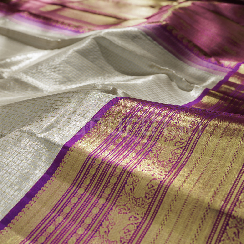 Off- White Organza Tissue Pure Kanjivaram Silk Saree with Magenta