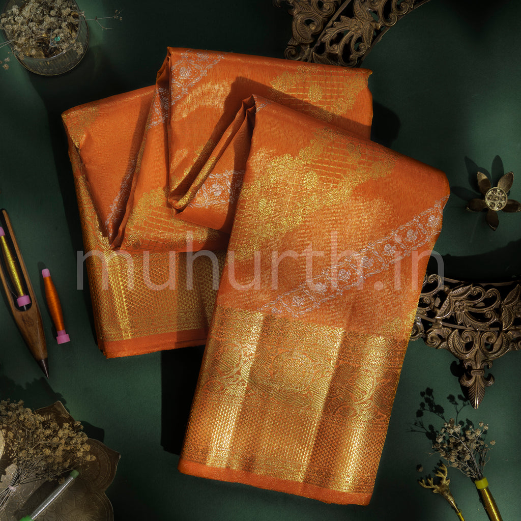 Orange Bridal Tissue Pure Kanjivaram Silk Saree