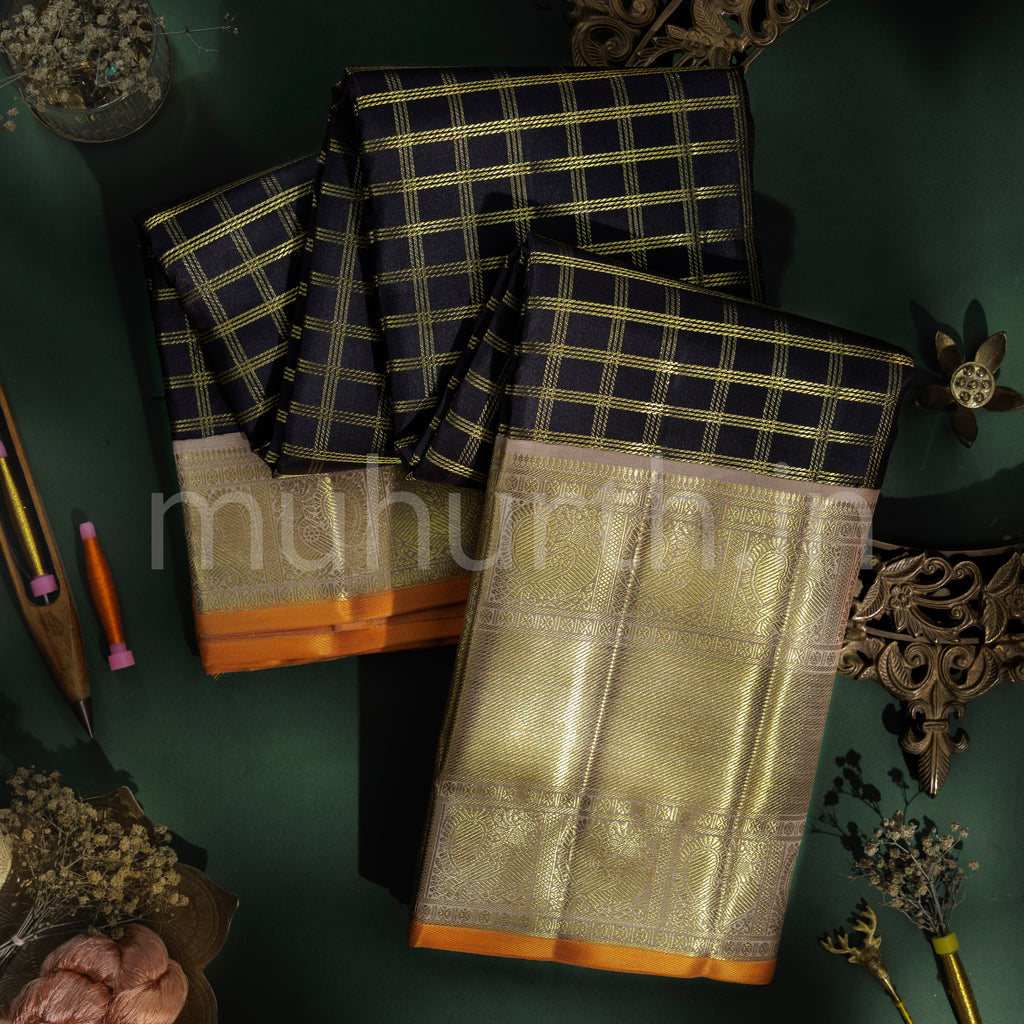 Kanchana Muthu Kattam Pure Zari Kanjivaram Silk Saree with Brown