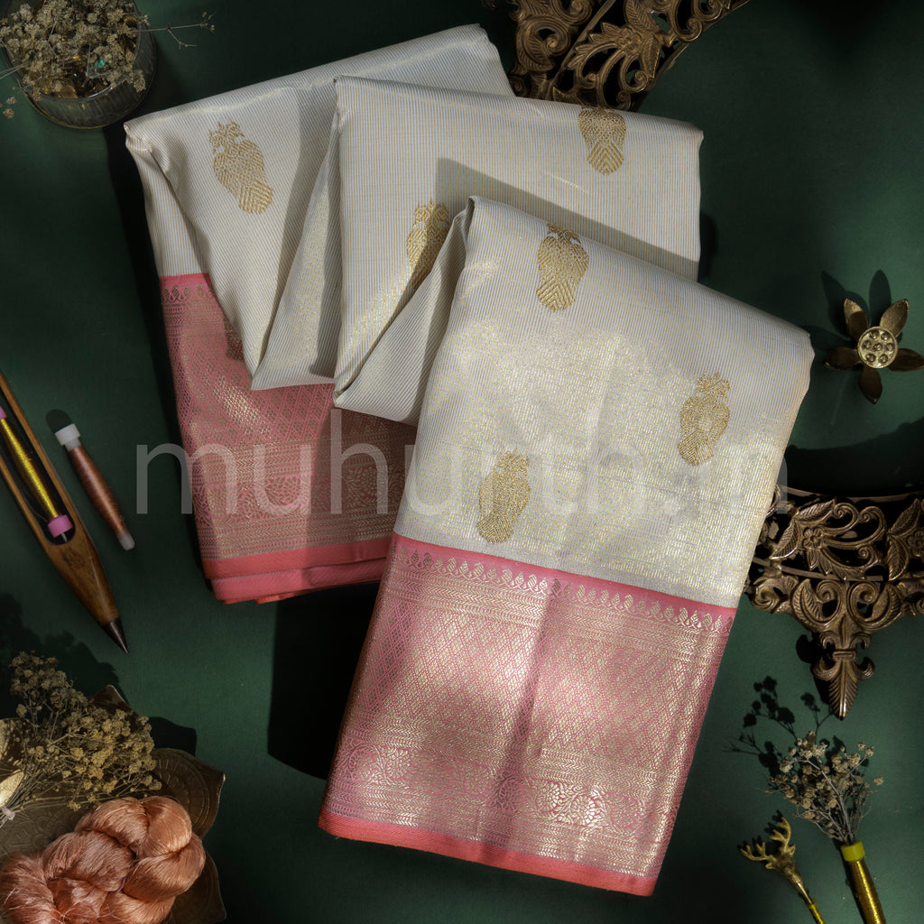 Off-White Luxury Tissue Pure Kanjivaram Silk Saree with Pink