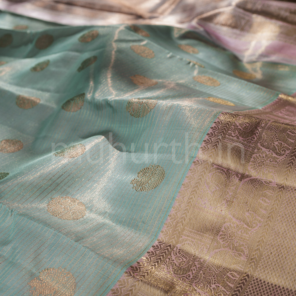 Powder Blue with Green Pure Kanjivaram Silk Saree with Pink