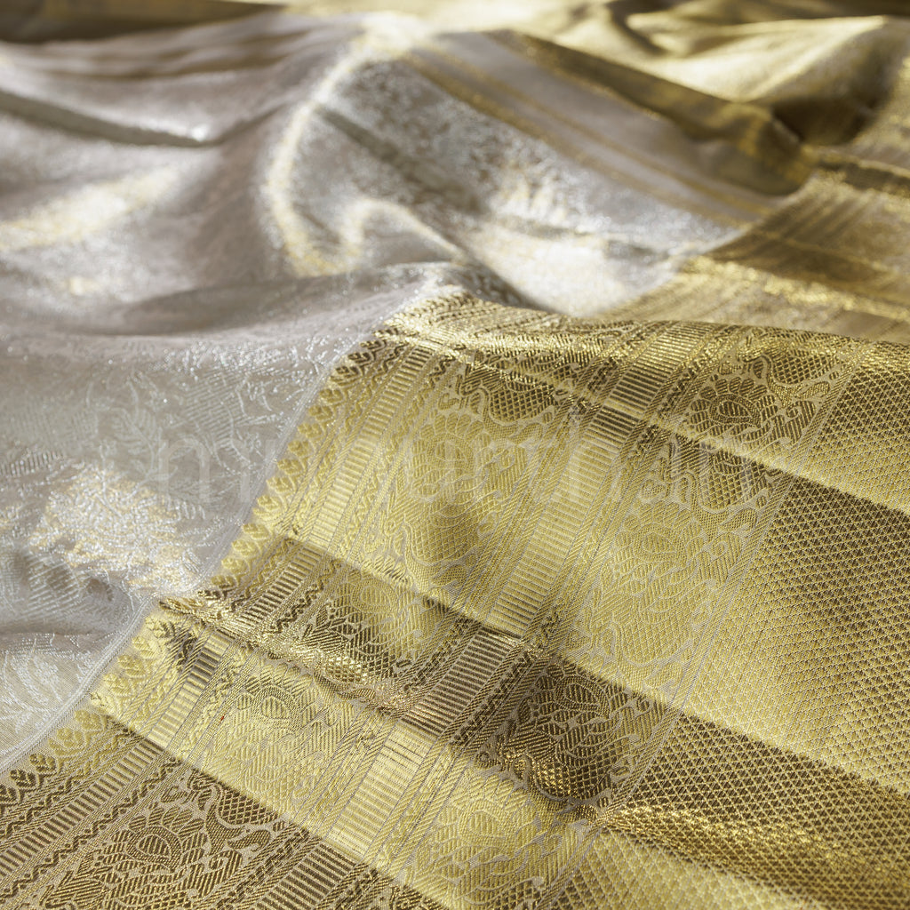 Kakhi Luxury Tissue Kanjivaram Silk Saree with Orange Selvedge