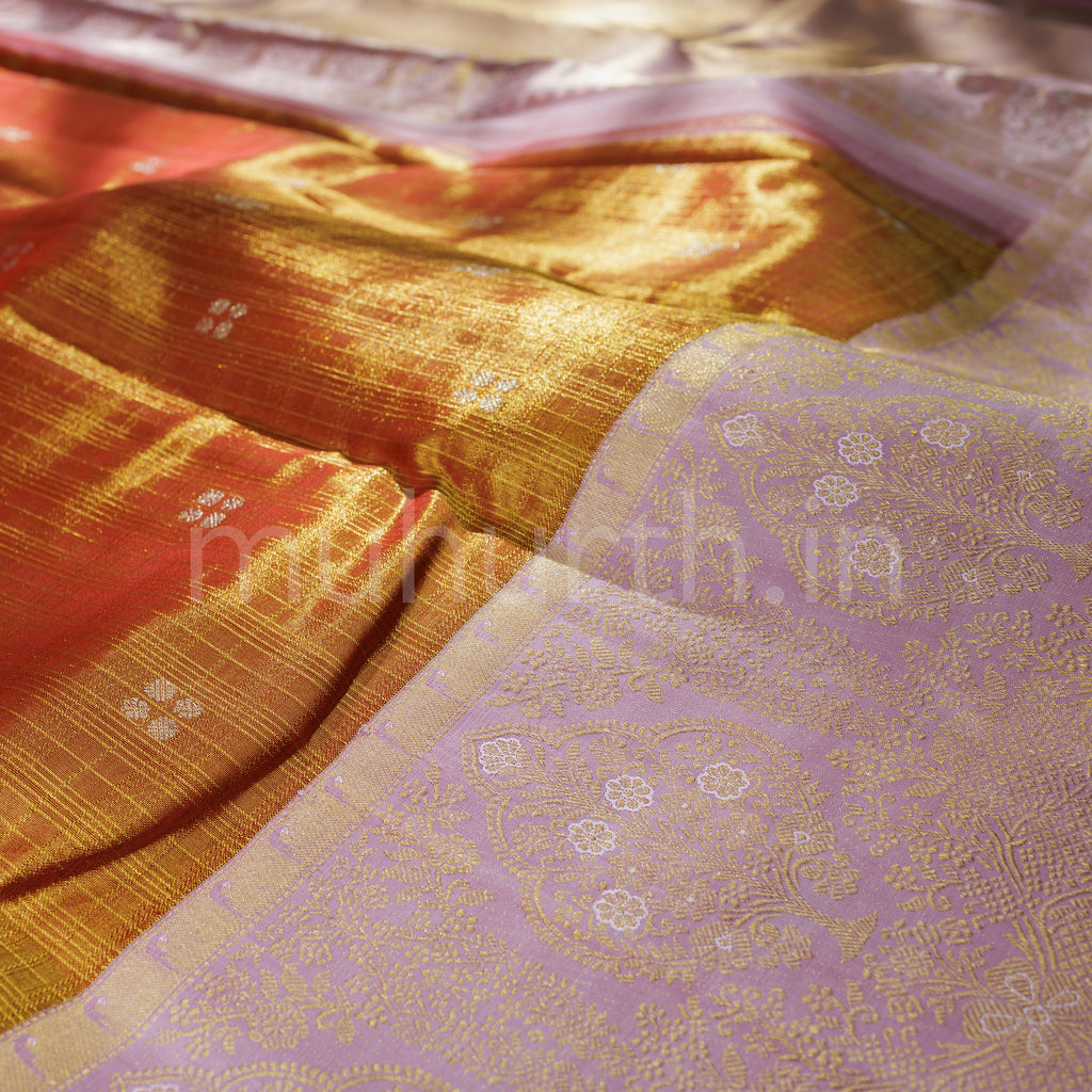 Bright Red Luxury Tissue Kanjivaram Silk Saree with Peach