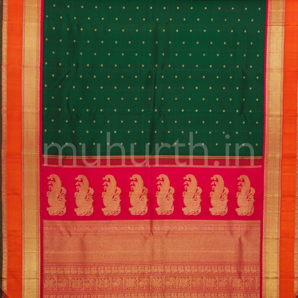 Green Pure Zari Kanjivaram Silk Saree with Orange and Rose