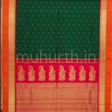Load image into Gallery viewer, Green Pure Zari Kanjivaram Silk Saree with Orange and Rose