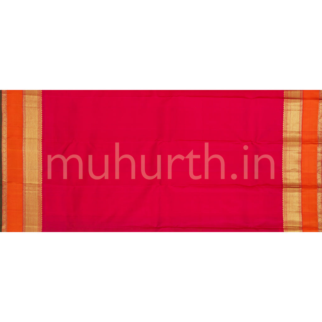 Green Pure Zari Kanjivaram Silk Saree with Orange and Rose