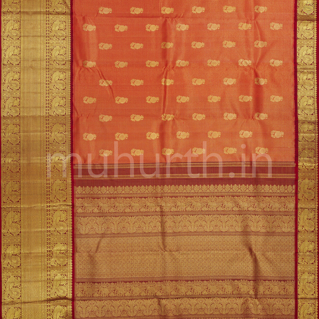 Bright Red Pure Vaira Oosi Kanjivaram Silk Saree with Arakku