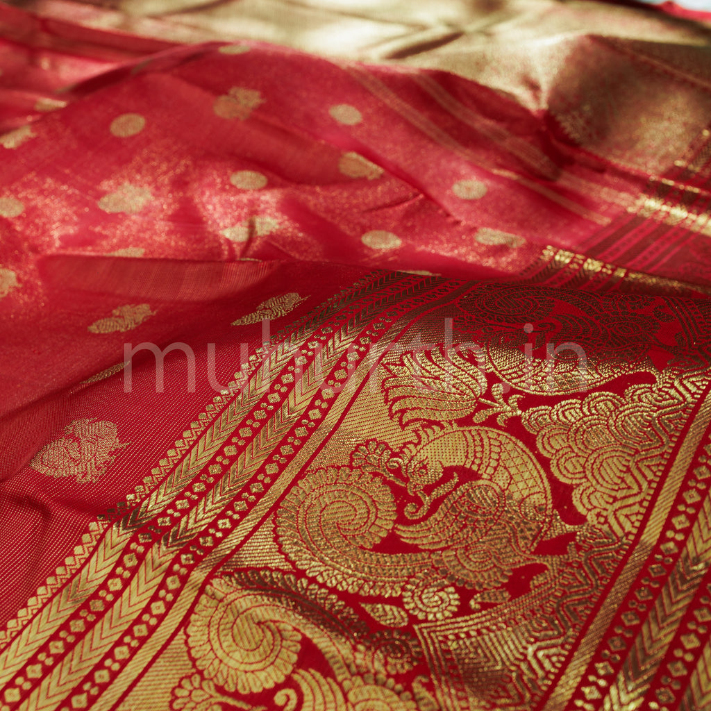 Bright Red Pure Kanjivaram Silk Saree with Green