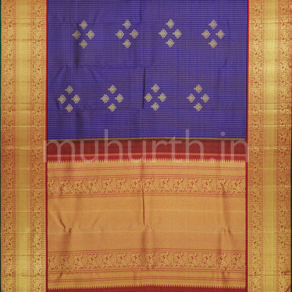 Violet Pure Kanjivaram Silk Saree with Bright Red