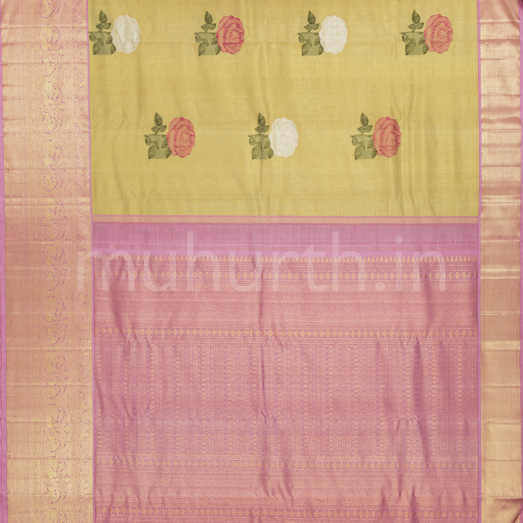 Golden Pure Tissue Organza Kanjivaram Silk Saree with with Pink