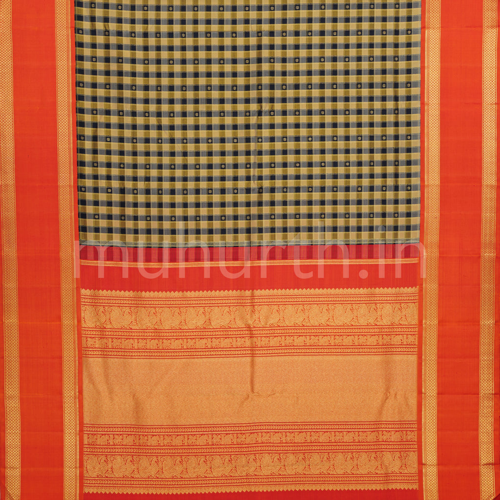 Mustard and Black Checks Pure Zari Kanjivaram Silk Saree with Orange