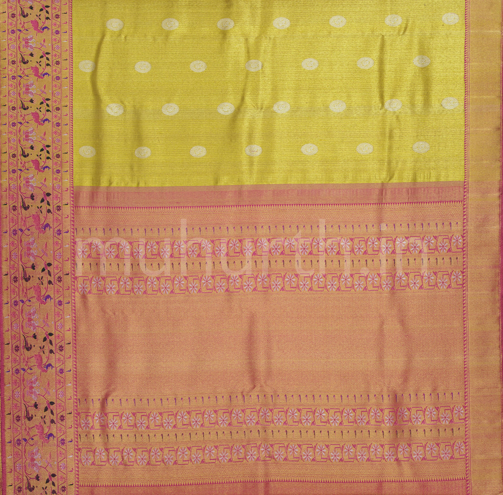 Golden Mustard Organza Tissue Pure Kanjivaram Silk Saree with Pink