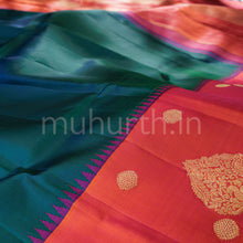 Load image into Gallery viewer, Peacock Green Pure Kanjivaram Silk Saree with Rose Orange