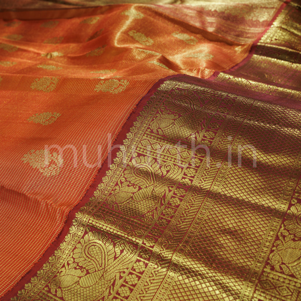 Bright Red Pure Vaira Oosi Kanjivaram Silk Saree with Arakku