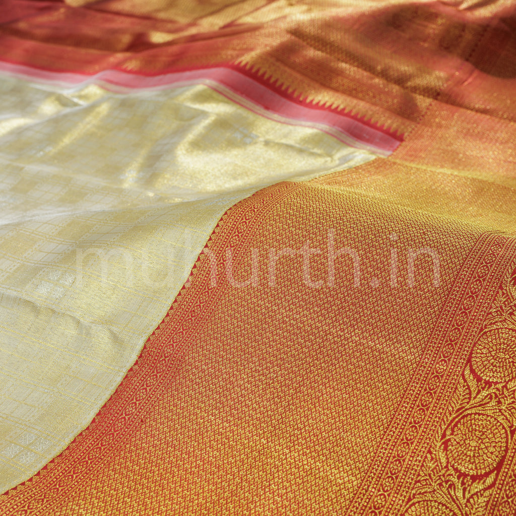 Off-White Organza Tissue Pure Kanjivaram Silk Saree with Red