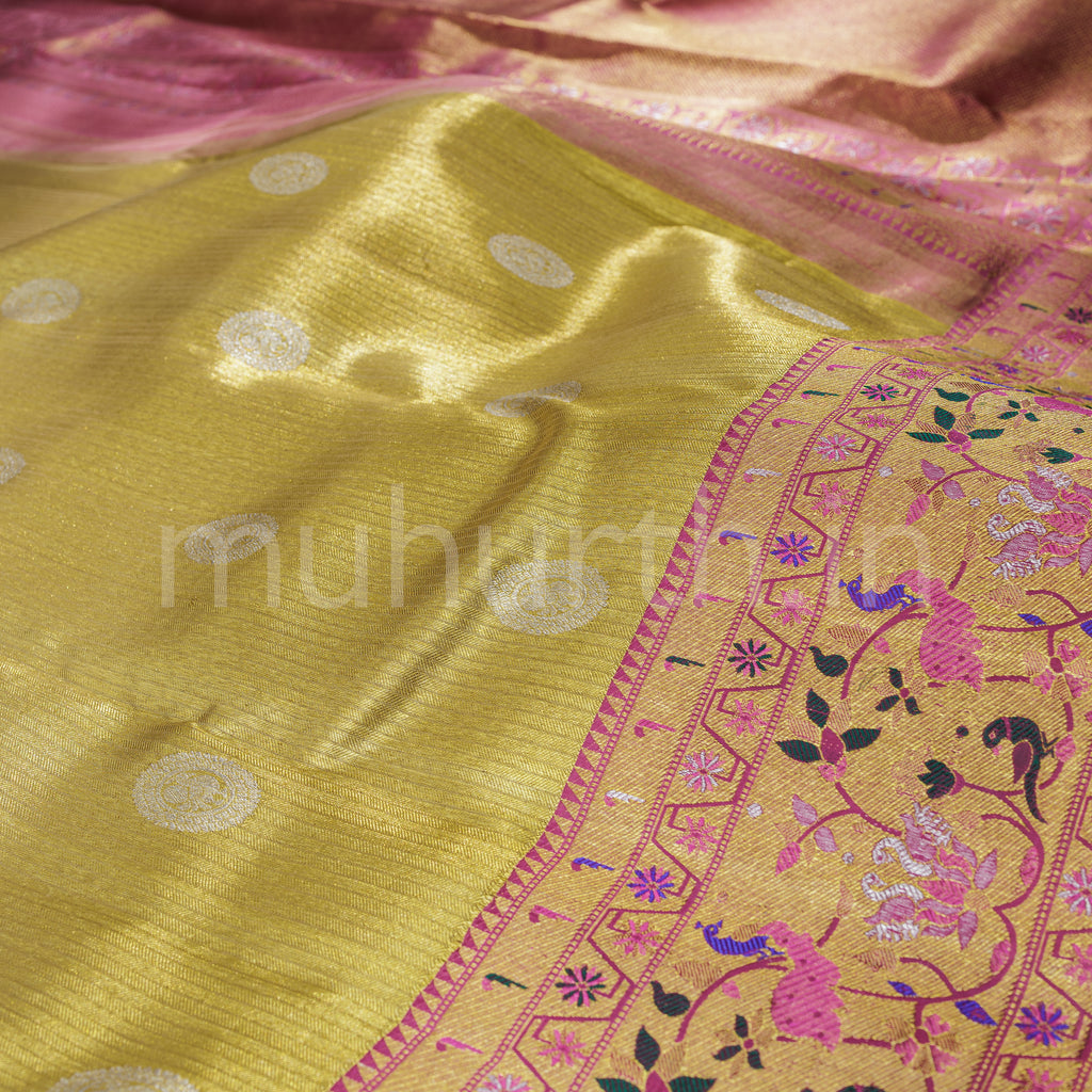Golden Mustard Organza Tissue Pure Kanjivaram Silk Saree with Pink