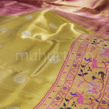Load image into Gallery viewer, Golden Mustard Organza Tissue Pure Kanjivaram Silk Saree with Pink