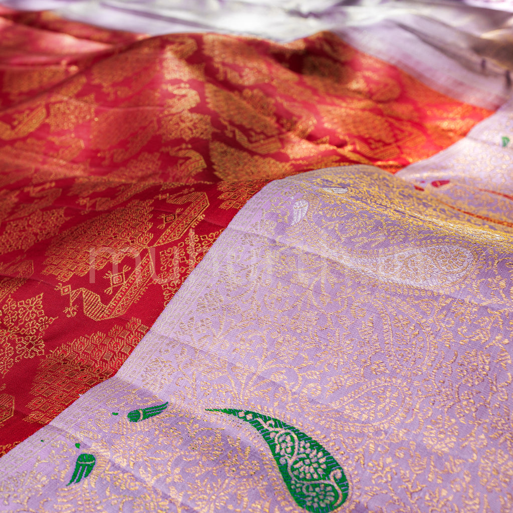 Bright Red Luxury Kanjivaram Silk Saree with Lavender