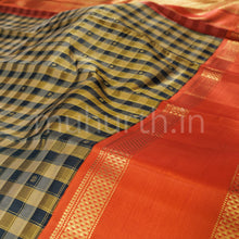 Load image into Gallery viewer, Mustard and Black Checks Pure Zari Kanjivaram Silk Saree with Orange
