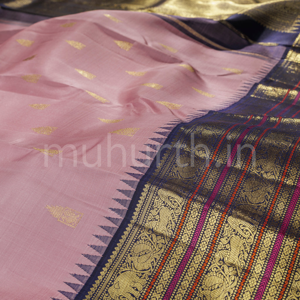 Onion Pink Pure Zari Kanjivaram Silk Saree with Vijaya