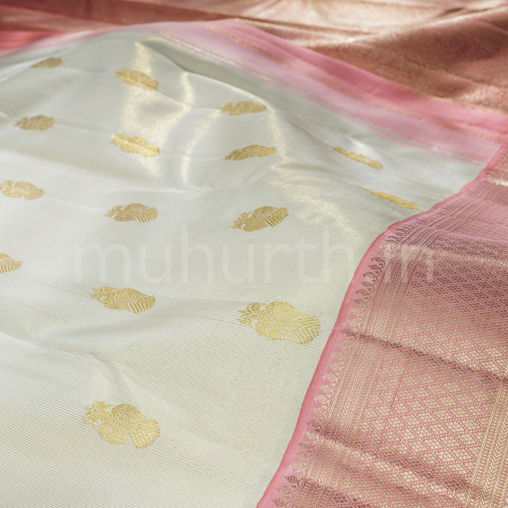 Off-White Luxury Tissue Pure Kanjivaram Silk Saree with Pink