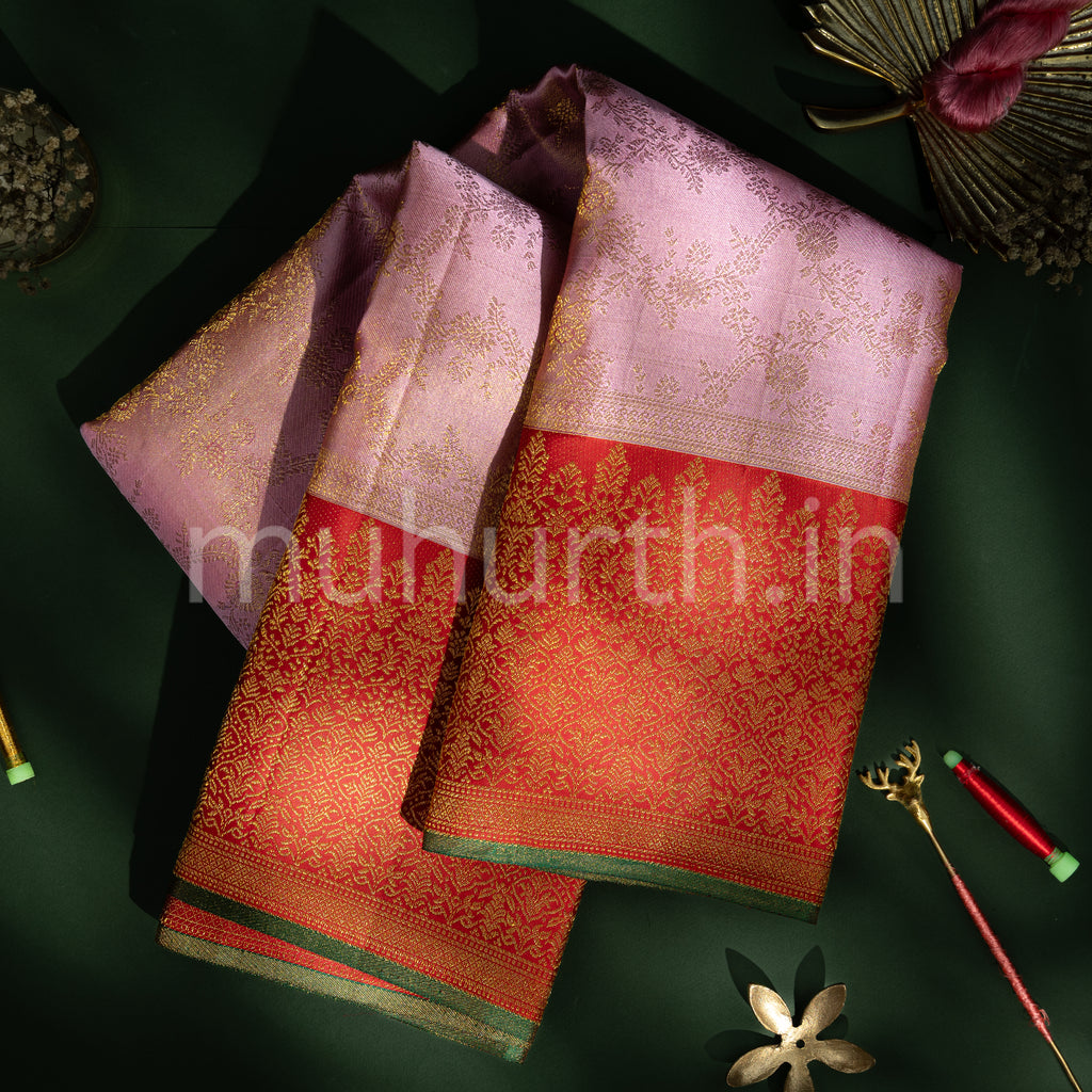 Light Pink Kanjivaram Silk Saree with Red