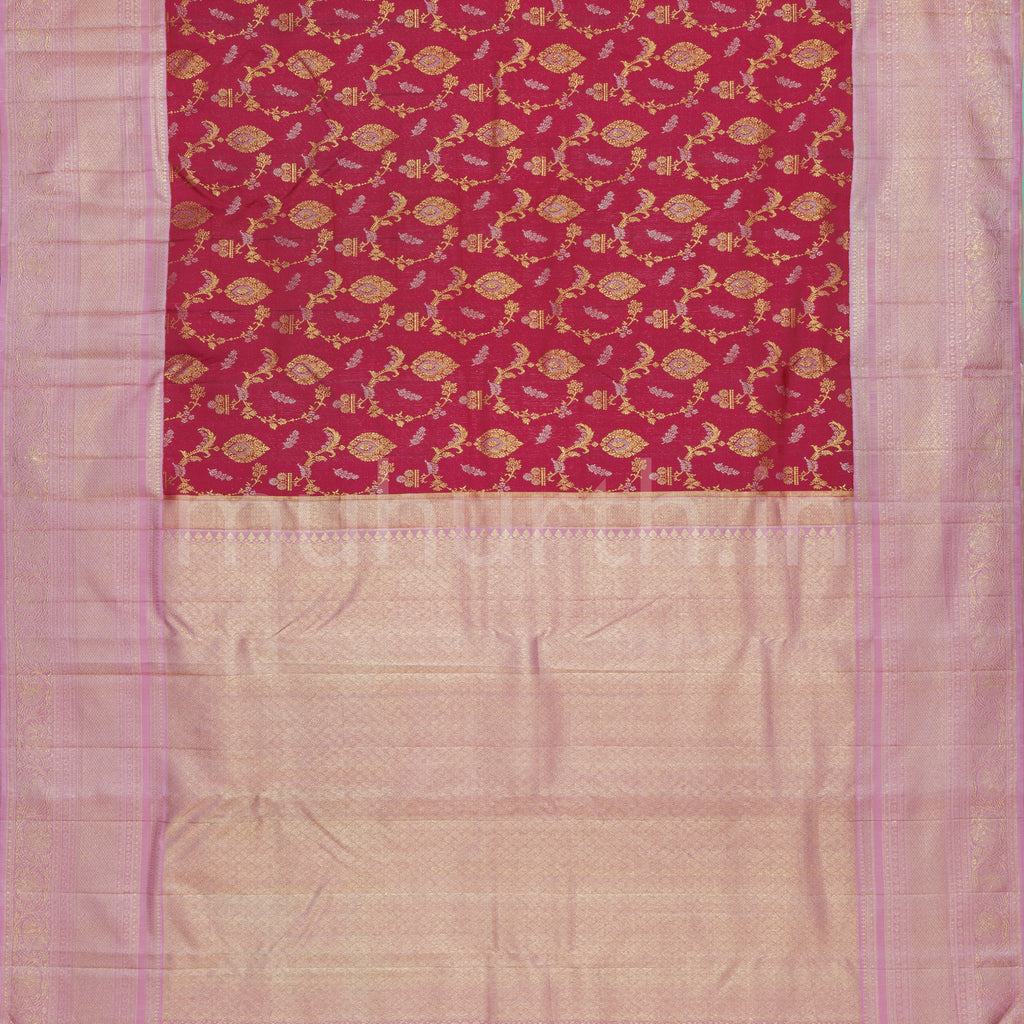 Rose Red Meenakari Luxury Kanjivaram Silk Saree with Peach