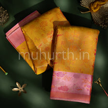 Load image into Gallery viewer, Golden Mustard Kanjivaram Silk Saree with Peach