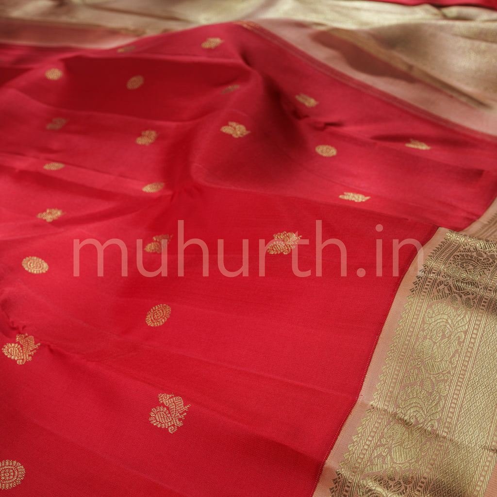 Bright Red Pure Zari Kanjivaram Silk Saree with Light Carrot
