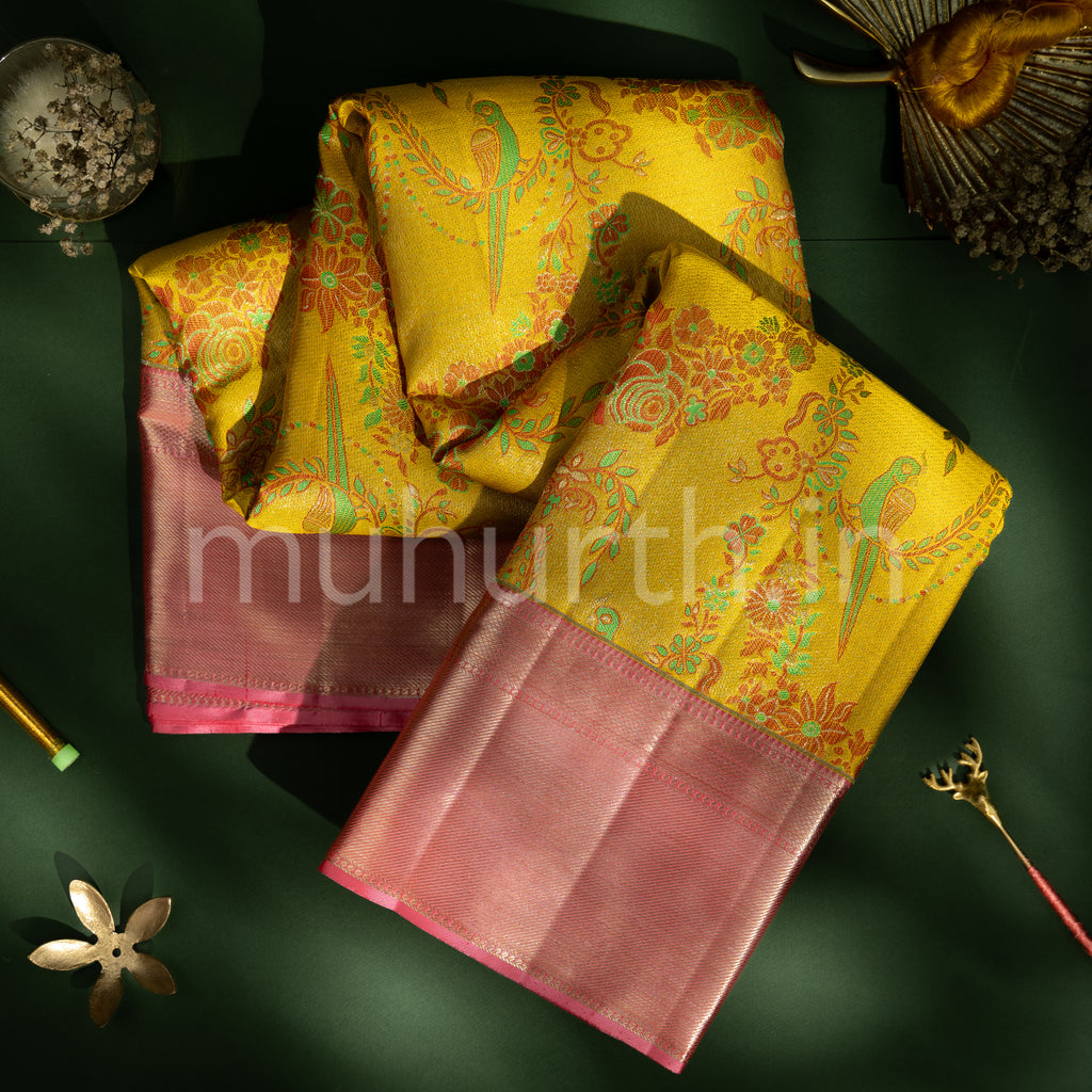 Mustard Kanjivaram Silk Saree with Peach