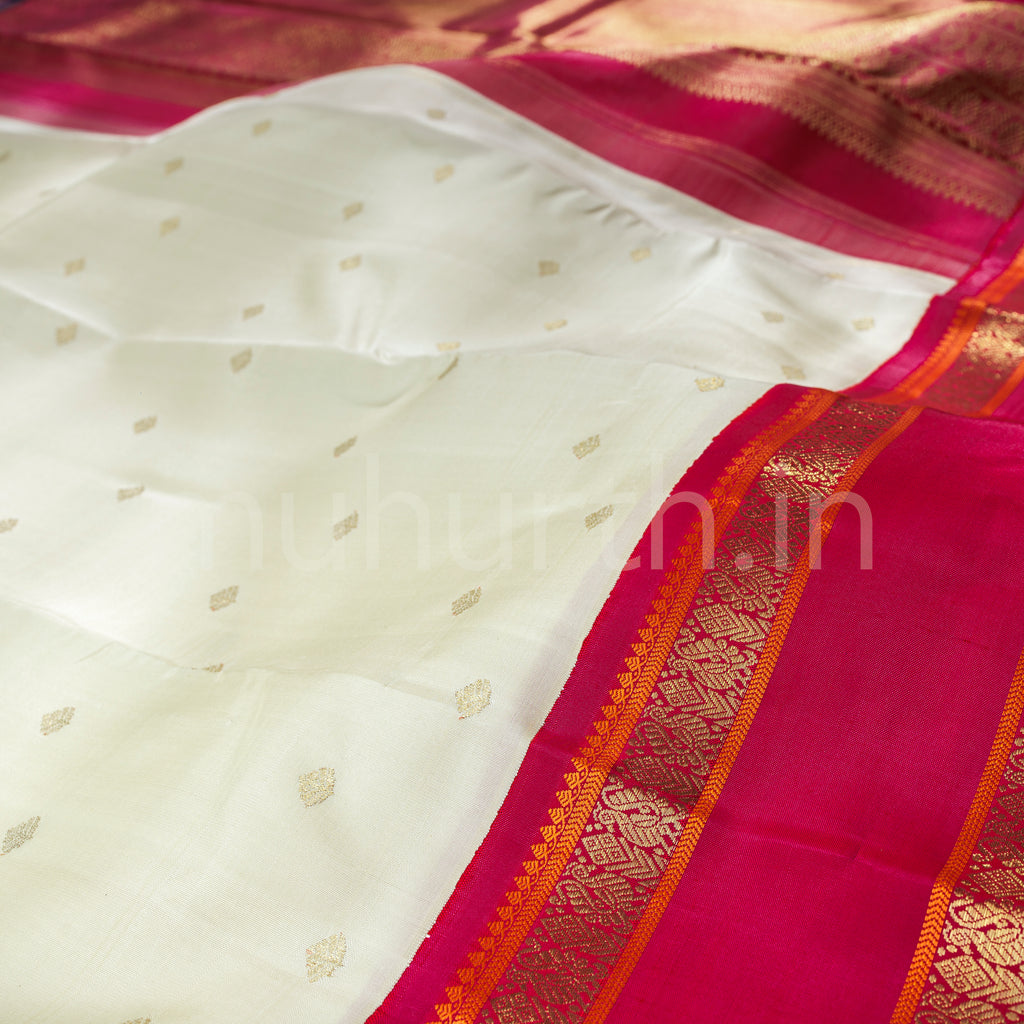 Off-White Pure Zari Kanjivaram Silk Saree with Rose
