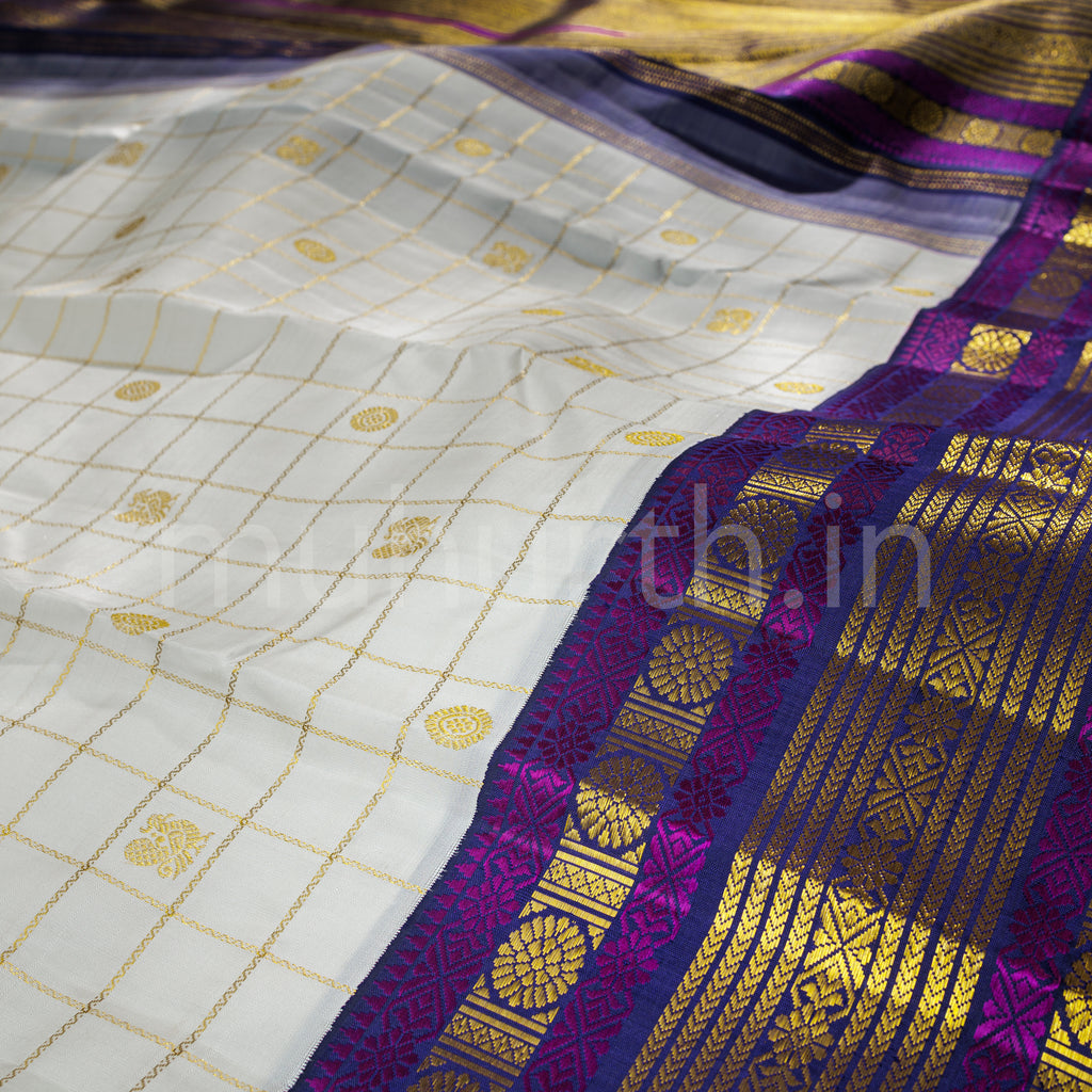 Off- White Pure Kanjivaram Silk Saree with Meenakshi