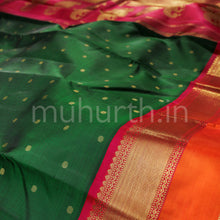Load image into Gallery viewer, Green Pure Zari Kanjivaram Silk Saree with Orange and Rose