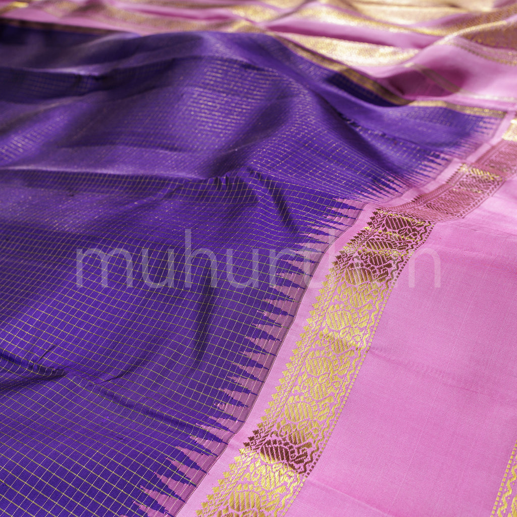 Violet Pure Kanjivaram Silk Saree with Pink